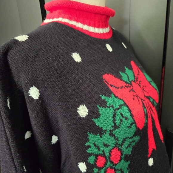 Vintage 1990s Y2K Knitwaves Christmas wreath holiday turtleneck sweater - Picture 2 of 6